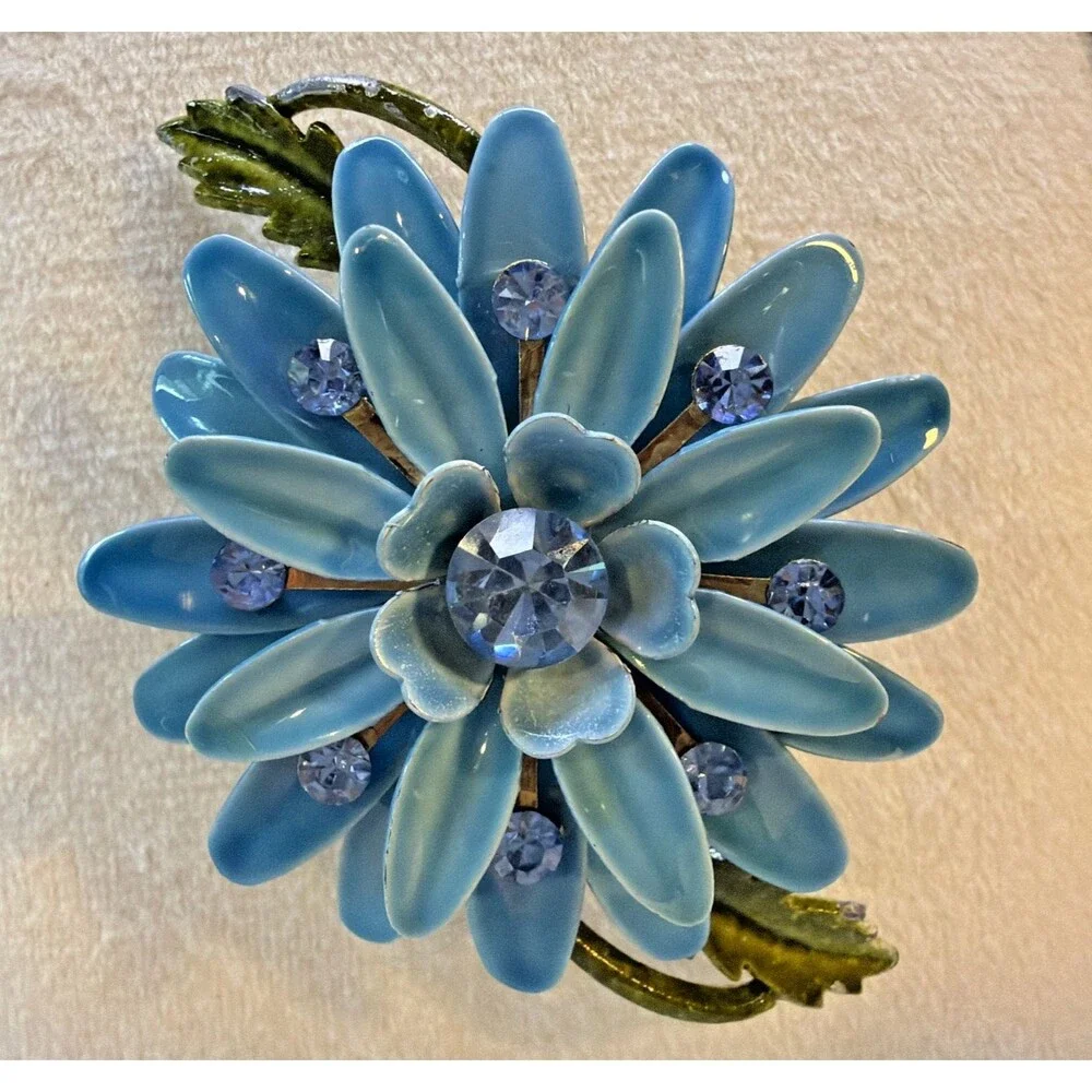Vintage 1960s Blue Enamel Flower Brooch Rhinestone Mod Flower Power Pin - AS IS